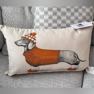 Eric & Christopher Dachshund Pillow with Orange Sweater